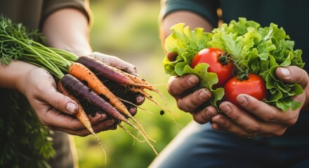 Close hands holding carrots and lettuce with natural bokeh - organic harvest and wholesome eating message for markets blogs and seasonal wellness headers