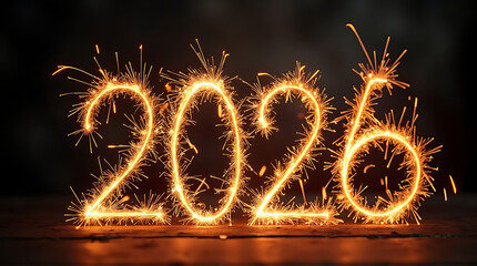 Sparkling fireworks forming the year 2026, celebrating a new beginning.