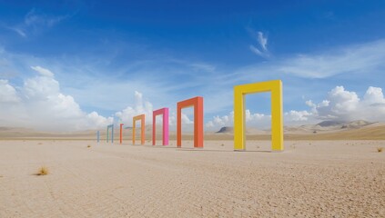 Surreal desert scene featuring vivid portals within yellow frames and white clouds drifting inside, set against a sleek, minimalist background