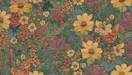 Boho 2D floral illustration, vintage seamless design with a hippie motif, ideal for textile applications
