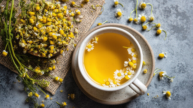 Chamomile tea with fresh chamomile flowers in ceramic cup on saucer, surrounded by dried chamomile and rustic burlap, creating calming and natural herbal flat lay scene
