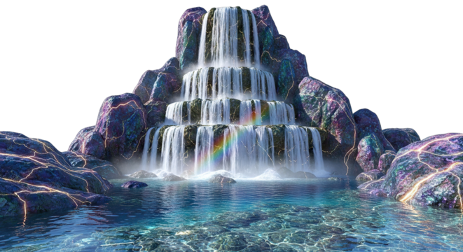 Majestic Waterfall Cascading Over Rocks into Clear Water.
