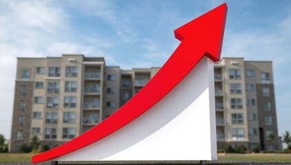 Apartment complex sign with upward arrow, indicating rising property values