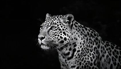Obraz premium Amur leopard, Panthera pardus orientalis, striking black and white portrait, showcasing high contrast and direct gaze, focus on wildlife preservation