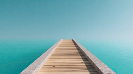 Tranquil wooden pier extending into calm turquoise waters under a clear blue sky, ideal for relaxation and connection with nature.