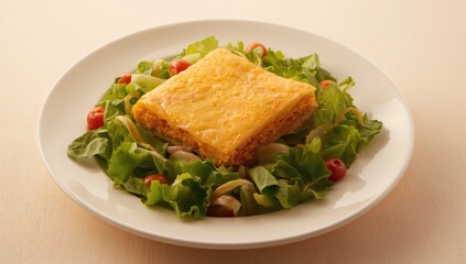 Fresh salad served alongside a fluffy omelette on a white dish