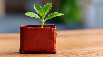 Small plant growing from open wallet, personal financial growth concept, bright minimal