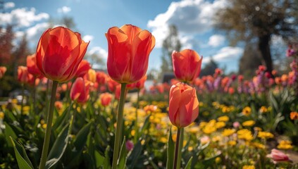 Fototapeta premium Beautiful tulip flowers blooming in the yard