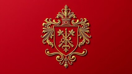 privilege. An intricate gold-embossed heraldic crest on a deep crimson background. event programs, museum guides, designed for cultural heritage projects and event programs.