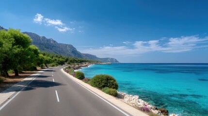 Scenic Coastal Road Near Turquoise Waters with Clear Sky, Lush Greenery, and Majestic Mountains in Background for Travel and Nature Imagery