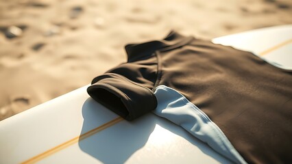 rashguard. Rolled-up rashguard resting on a surfboard at the beach in sunlight. event key visuals, club posters, designed for fitness apps and gym onboarding, used by fitness trainers.