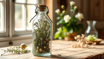 woodruff. Glass bottle with woodruff herbs on rustic table in soft natural light. bar promotions, beverage menus, designed for food & beverage menus and cafe branding, enhances appetite appeal.