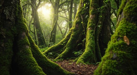 Fototapeta premium Ancient Trees Covered With Bright Green Moss 