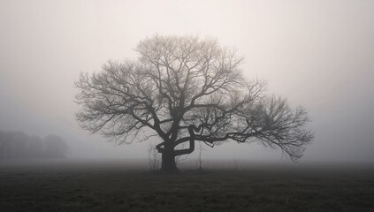 Enigmatic tree standing in a misty meadow landscape