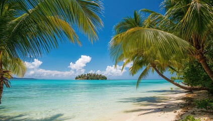 Obraz premium Tropical haven framed by swaying palms and crystal-clear blue seas
