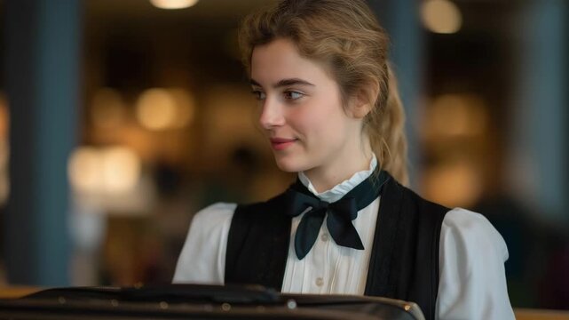 Female butler showing subtle sadness while packing suitcase of departing client, emotion of attachment and quiet professionalism balanced, symbolizing human connection beneath luxury service