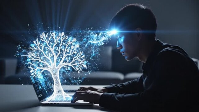 AI Data Visualization Erupting from Laptop to User's Head, Neural Network Connection