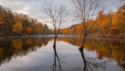 Three tree branches resting on a lake with autumn-colored tree reflections. Long exposure photography.