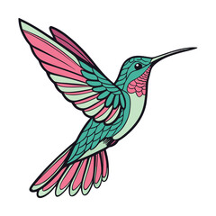 Vibrant hummingbird in flight showcasing emerald green and pink wings detailed feather texture isolated on transparent background