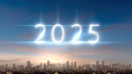 Bright glowing numbers symbolizing the year 2025 above a city skyline at sunset showcasing urban excitement and the promise of a new future