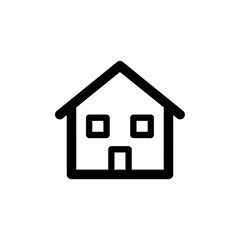 Fototapeta premium Minimalist black line art house icon featuring a pointed roof, two square windows, and a rectangular door.