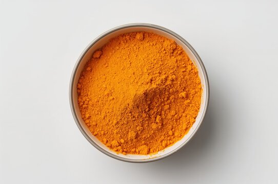 Close-up of a bowl filled with ground turmeric on a wooden surface, viewed from above