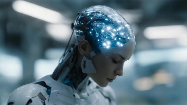 Futuristic android in scientific environment with glowing digital genesis chamber integrated inside, highlighting robotic generative future, advanced artificial systems, and speculative innovation.