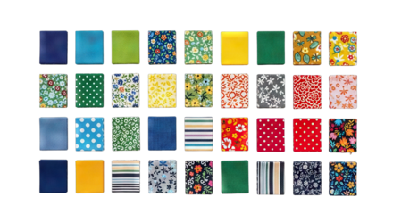 Assortment of Colorful Patterned Fabric Samples Isolated on White.