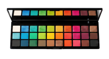 Vibrant and colorful eyeshadow makeup palette isolated on a white background.