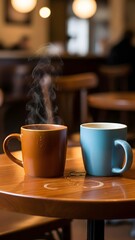 Two steaming mugs sit closely on a wooden table, surrounded by a warm atmosphere of a bustling cafe. The sunlight gently filters in, creating a serene backdrop for moments of relaxation