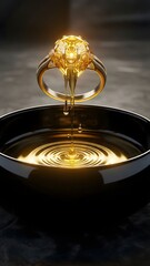 A stunning golden ring shaped like a lion drips liquid gold into a sleek black bowl. Each droplet creates beautiful ripples, showcasing the elegance of the design and the play of light