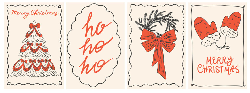 Vintage chalk hand drawn Christmas posters. Retro new year drawing set in doodle line art, minimalist print with Christmas tree, gloves, wreath, silverware, bows and ribbons. Vector cards in coquette 
