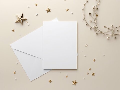 Blank white card and envelope surrounded by festive gold stars and glitter on a light background