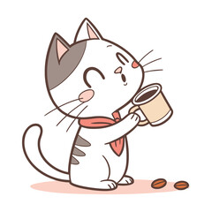 Cute black cat enjoying a warm cup of coffee with coffee beans isolated on transparent background