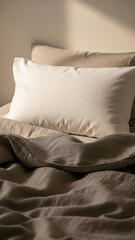 A serene bedroom scene features a neatly arranged bed with soft, neutral-toned bedding. Light streams in, creating a peaceful and warm ambiance, inviting relaxation and rest