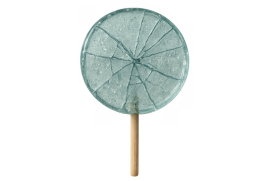 Broken lollipop showing fragility and stress, glass-like candy with cracks, sweet dessert on stick, transparent background