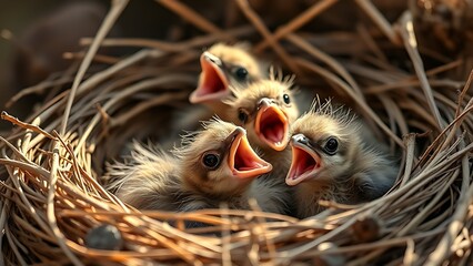 pragmatism. Newborn birds in nest with open beaks, soft morning light. wildlife magazines, conservation campaigns, designed for wildlife conservation campaigns.