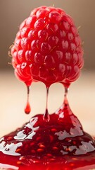 Bright red raspberry perched on a mound of thick syrup captures the essence of ripe fruit. The dripping sweetness emphasizes freshness, making it a perfect dessert ingredient