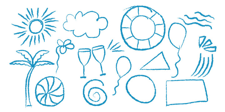 Hand drowing Summer holiday icons collection sun palm tree life buoy champagne glasses beach fun