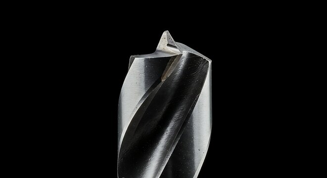 Close-up of a sharp, silver drill bit against a deep black background, highlighting its precision