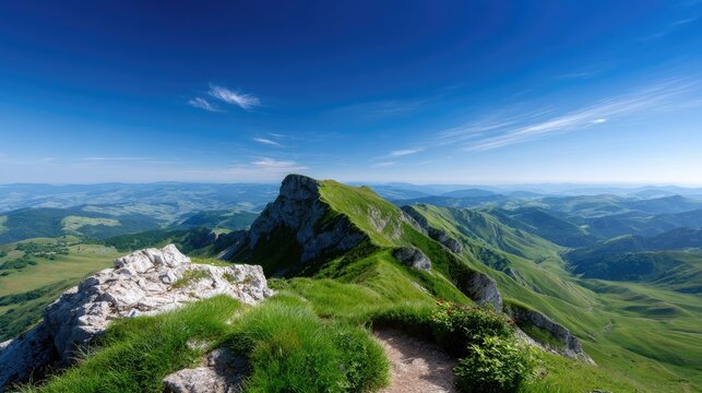 Majestic Mountain Landscape with Clear Blue Sky and Rolling Green Hills in the Background Captured During a Sunny Day in Nature