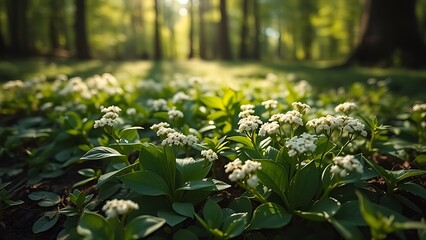 woodruff. Woodruff plants with clusters of small white flowers growing in forest shade. gardening catalogs, home-decor guides, designed for home decor and floral branding.