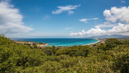 Scenic Summer Landscape Featuring Coastal Railroad and Botanical Garden, Ideal for Travel and Nature Themes