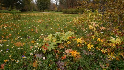 Obraz premium Assortment of leaves, wildflowers, and fallen berries in a park setting, showcasing seasonal change