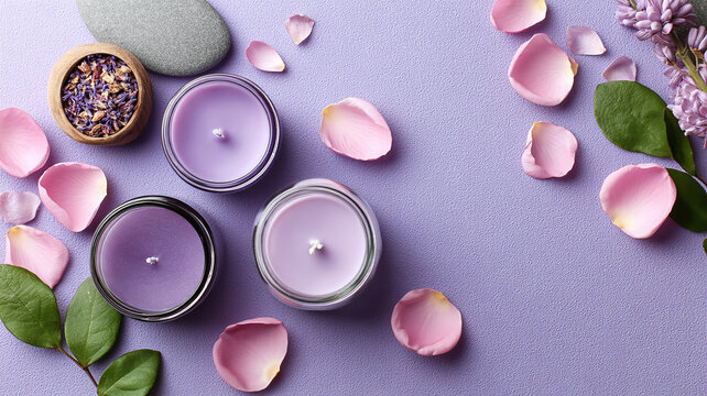Flatlay of pastel candles with petals, soft lavender, green leaves, and dried flowers on textured purple background, creating calm and relaxing atmosphere