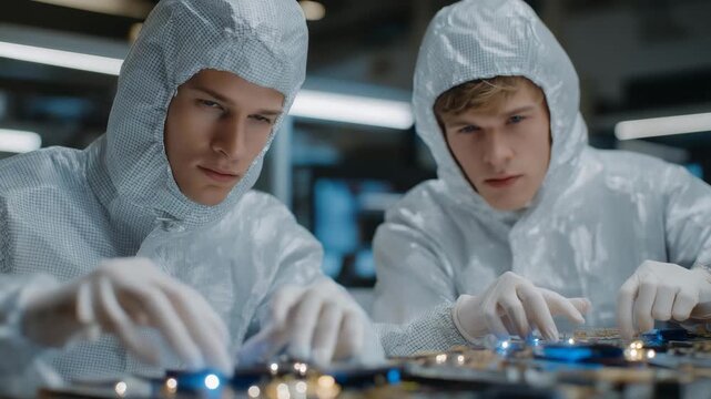 Futuristic quantum computing lab with scientists in protective suits manipulating glowing qubits in a cryogenic chamber, emotion of focus and discovery visible, symbolizing cutting-edge research,