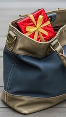 A bright red gift box with a golden bow peeks out from a fashionable handbag resting on a wooden surface. It's a cheerful moment hinting at a special occasion