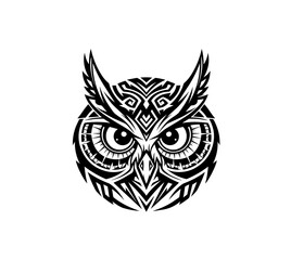 A bold, circular owl face illustration combining intricate ethnic ornamentation and sharp, modern vector lines for a powerful tribal tattoo design