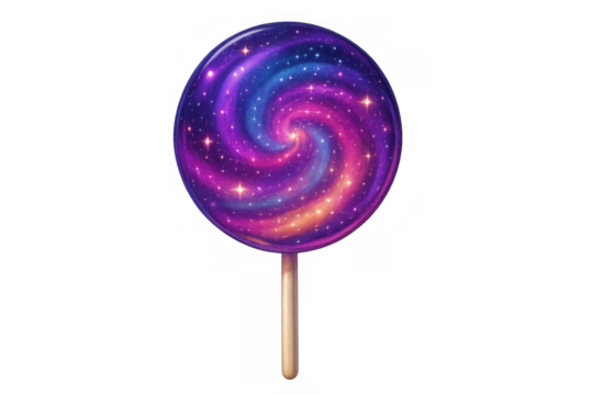Cosmic universe lollipop with purple blue swirl, space candy and stars. Sweet galaxy dessert isolated on transparent background - Powered by Adobe