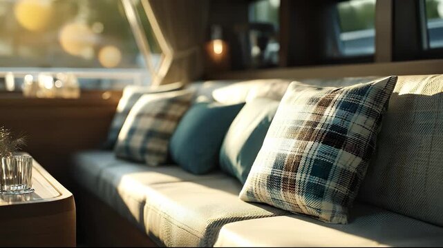 A stylish sofa adorned with patterned cushions invites relaxation in a bright living space. The cushions and soft fabric create an inviting atmosphere, enhancing comfort and warmth